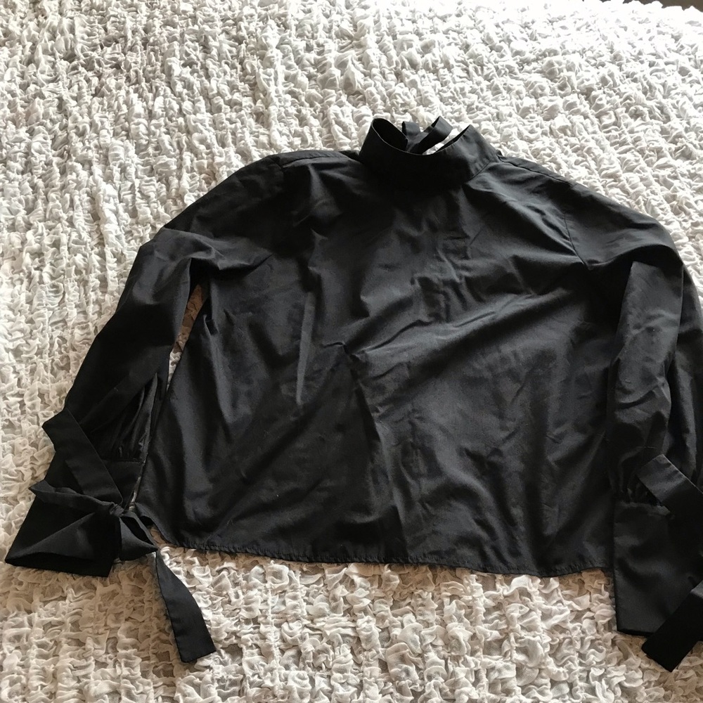 Topshop High Neck Black Bow Back and Sleeve Blouse